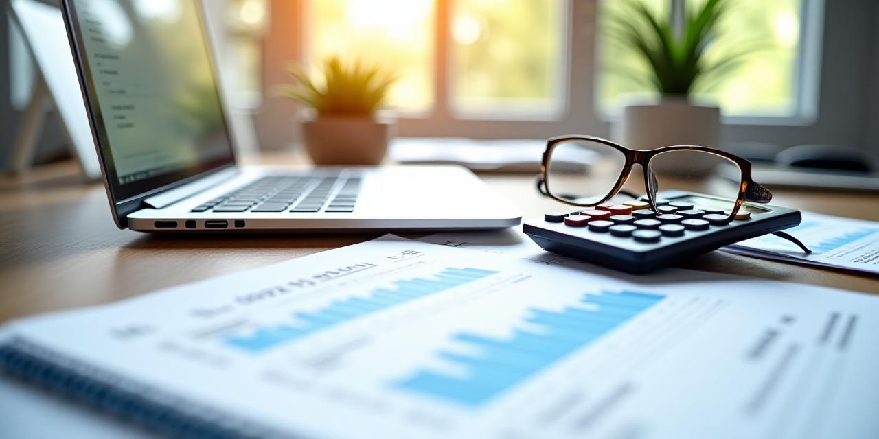 Professional tax documentation workspace with financial charts and digital tablets