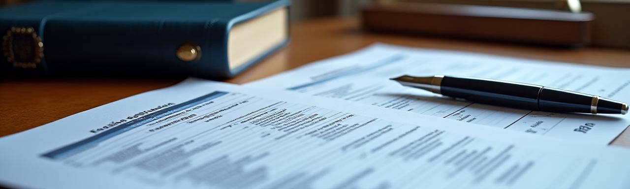 Professional legal documents and a fountain pen on a desk