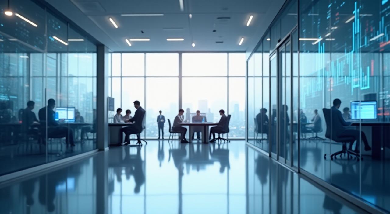 Modern financial trading office with clean digital screens and professional workspace